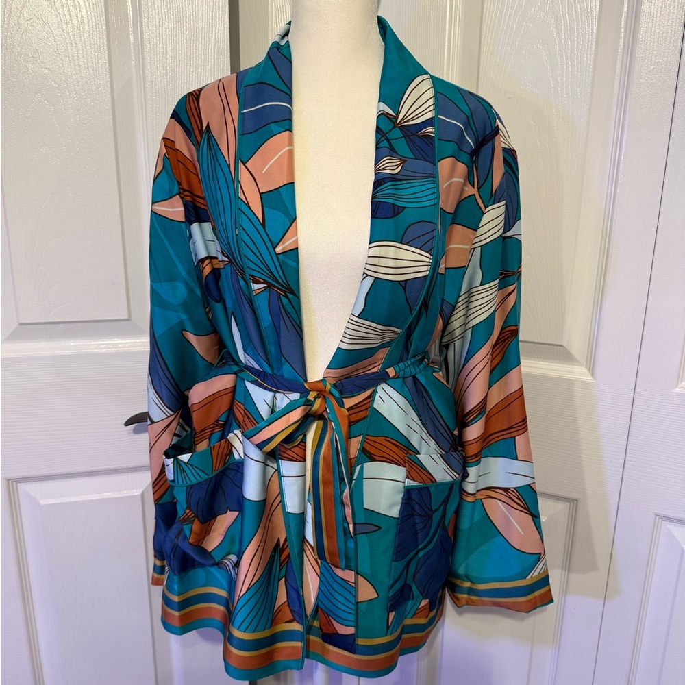 Colorful Abstract Leaf Print Kimono Jacket | Women’s size small | Nine West